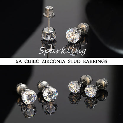 Thread Flat Back Stud Earrings,Titanium Hypoallergenic Earrings for Women Men, F136 6 Prong&nbsp;Cubic Zirconia Silver Stud Earrings,5mm