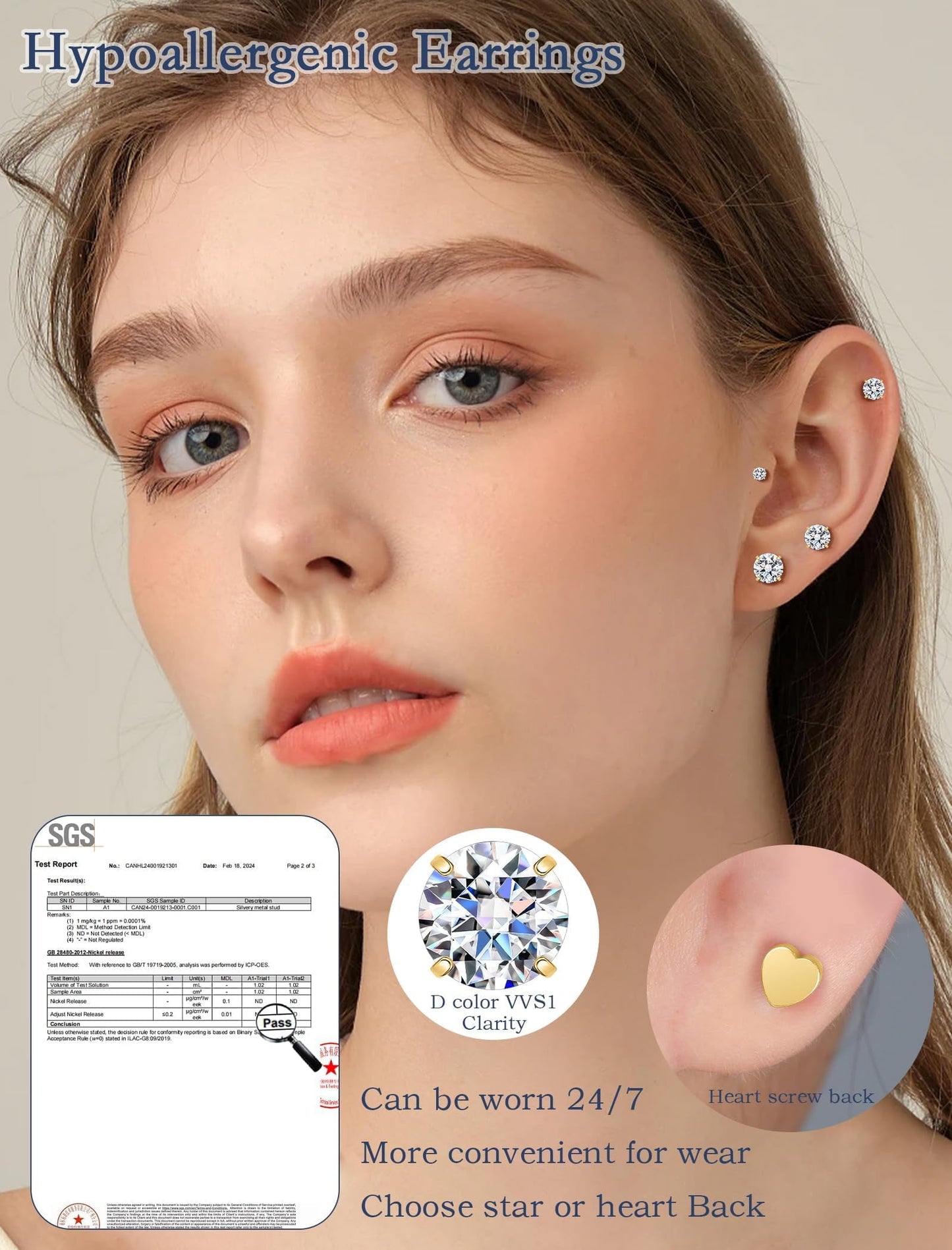 Limerencia Titanium Flat Back Stud Earrings, Moissanite Stud Earrings for Women Men | Hypoallergenic Helix Earrings, Screw Back Tragus Earrings