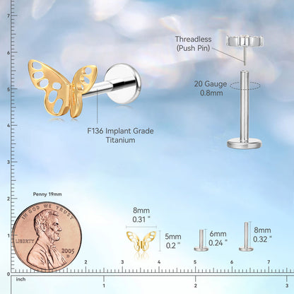 Limerencia 20G hypoallergene Flachboden-Einsteckstecker aus Titan, implantatgeeigneter gewindefreier Druck-Stecker für Conch, Nase, Helix und Tragus, unisex Piercingschmuck (1 Stück)/Schmetterling mit Durchbruchmuster