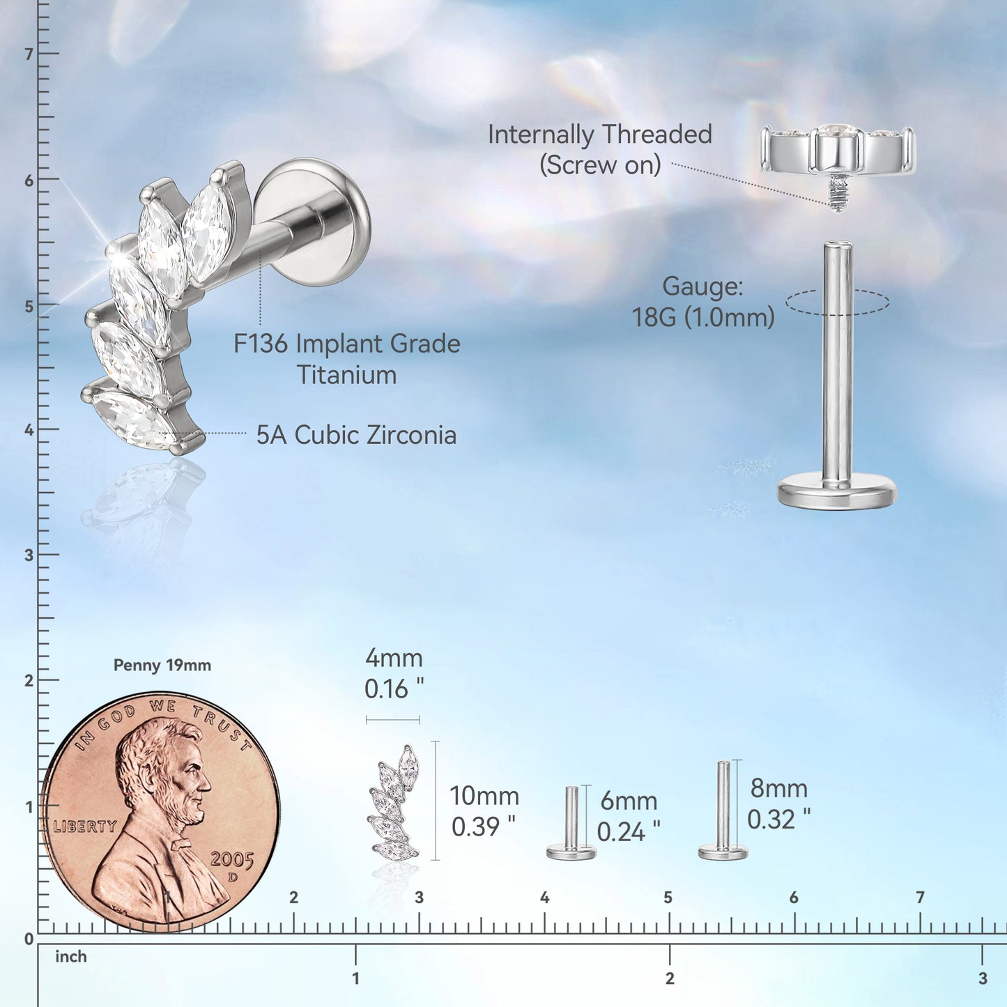 limerencia F136 Titanium Hypoallergenic Cubic Zirconia Climber Flat Back Internally Threaded Studs |18G Tragus Helix Conch Cartilage Crawler Piercing Jewelry Earrings for Women (a pair)