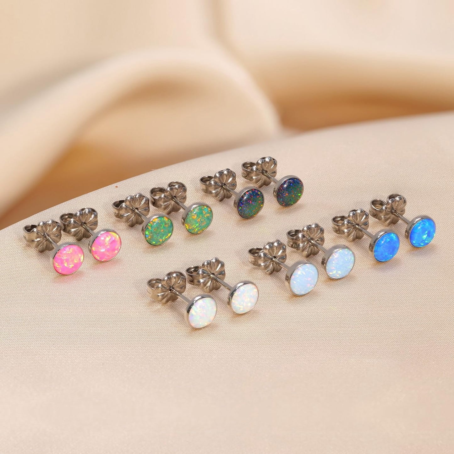 Limerencia Titanium Hypoallergenic Earrings， Opal Stud Earrings for Sensitive Ears Delicate Jewelry，Light Blue Opal 5mm
