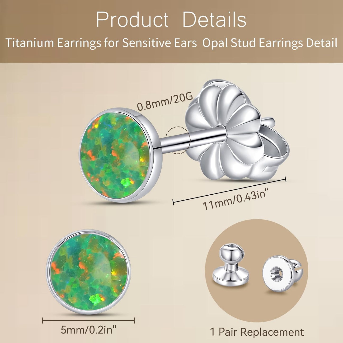 Limerencia Titanium Hypoallergenic Earrings， Opal Stud Earrings for Sensitive Ears Delicate Jewelry，Green Opal 5mm