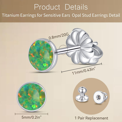 Limerencia Titanium Hypoallergenic Earrings， Opal Stud Earrings for Sensitive Ears Delicate Jewelry，Green Opal 5mm