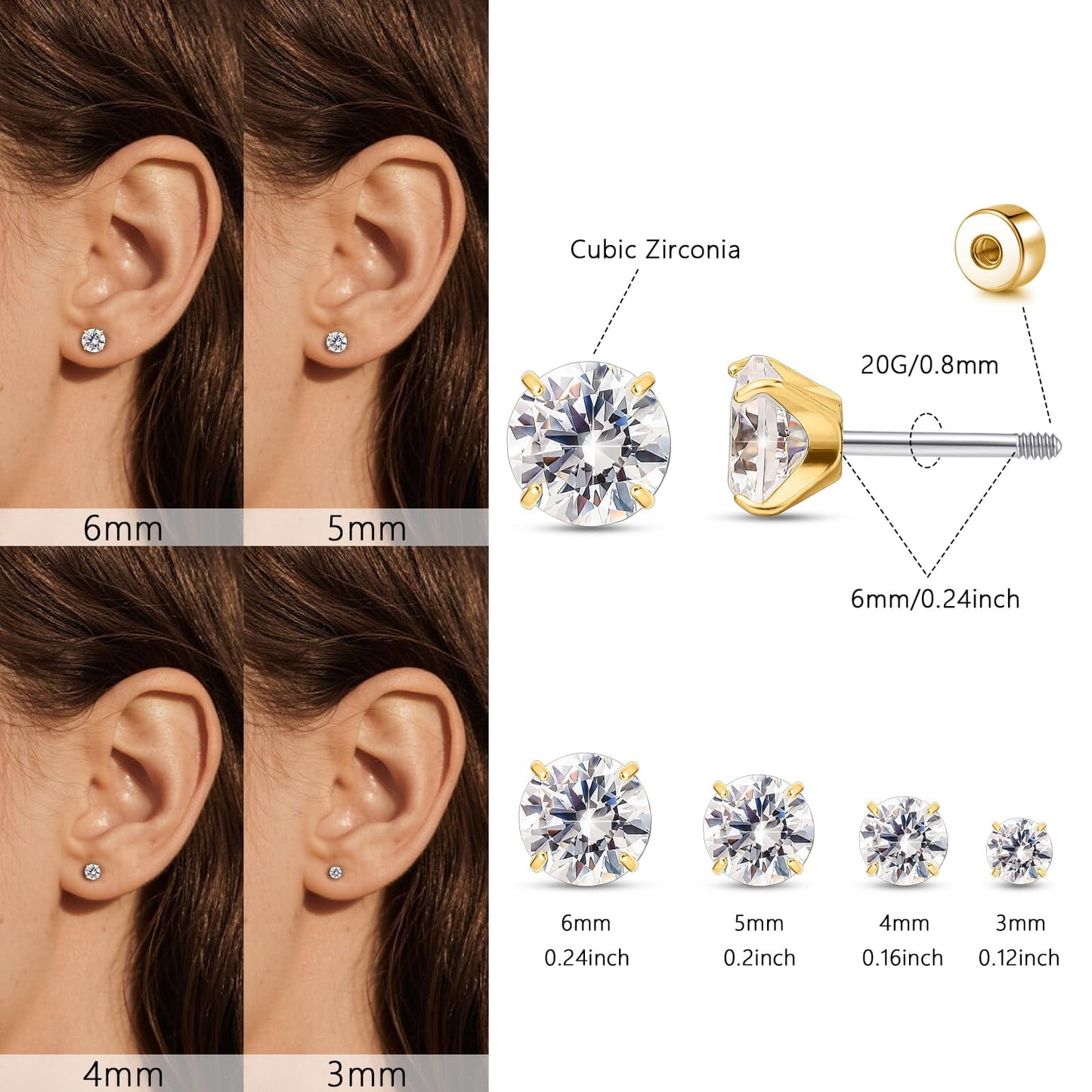 Limerencia 20G F136 Implant Grade Titanium Flat Back Stud Earrings for Women Men,&nbsp; Cartilage Helix F136 Piercing Jewelry for Sensitive Ears, with 3-6mm Cubic Zirconia