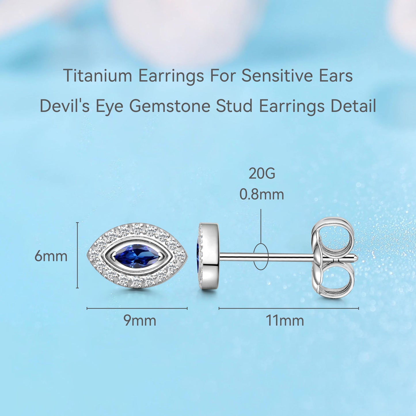 Limerencia Hypoallergenic F136 Pure Titanium Earrings, G23 Implant Grade Titanium Studs, Evil Eye Helix Studs with CZ Cluster, Minimalist Style for Women Sensitive Ears (Blue Silver)