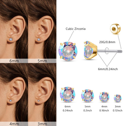 Limerencia 4 Pairs F136 Hypoallergenic Flat Back Titanium Earrings Set for Women Men, Cubic Zirconia Earrings Studs Set ， CZ Stud Earrings for Sensitive Ears, Trendy Cartilage Stud Earrings 3-6mm