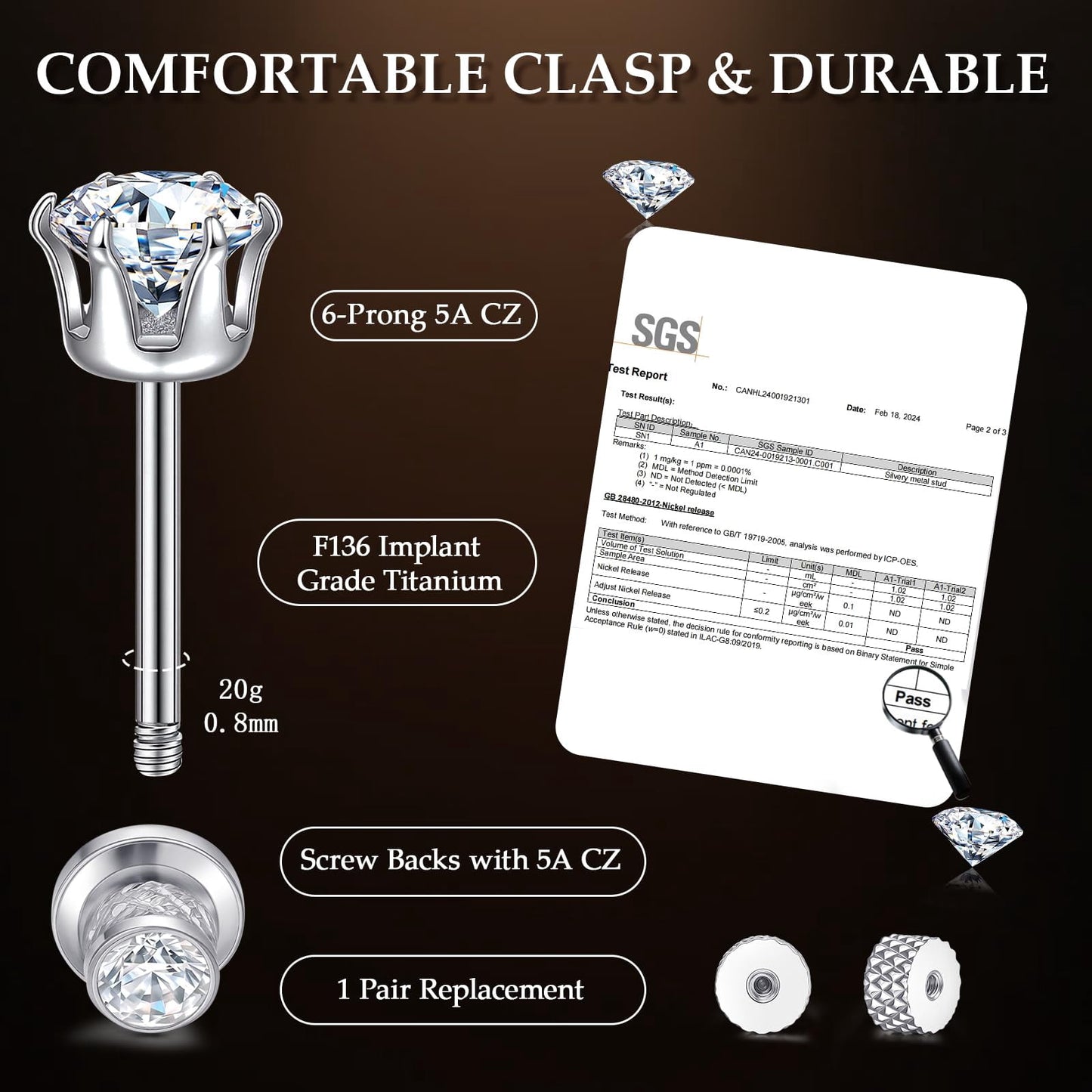 Thread Flat Back Stud Earrings,Titanium Hypoallergenic Earrings for Women Men, F136 6 Prong&nbsp;Cubic Zirconia Silver Stud Earrings,5mm