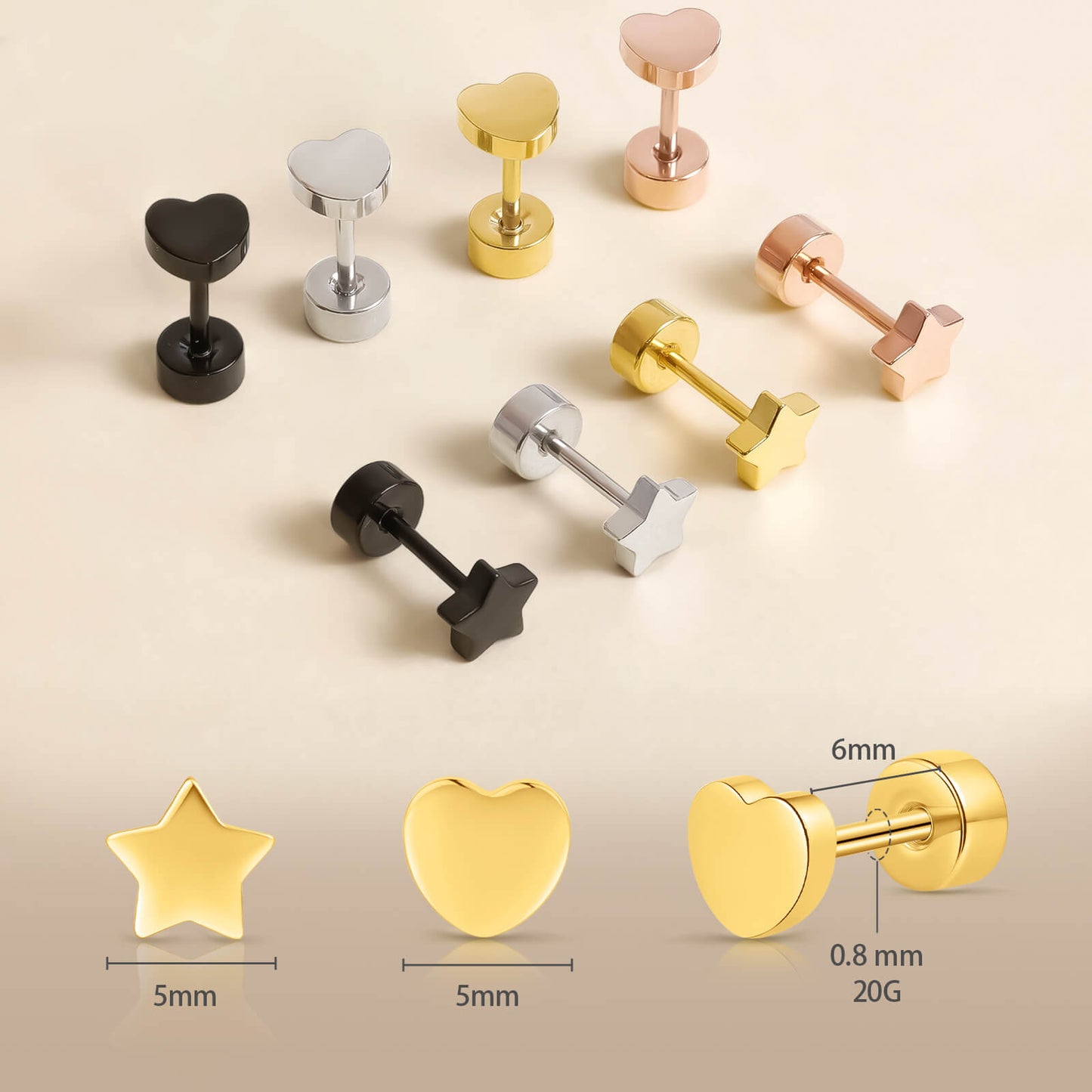 Limerencia Titan-Flachverschluss-Ohrstecker, hypoallergene Herz-/Stern-Schraubverschluss-Ohrstecker für Damen und Herren, klassische 5mm Schlafohrstecker für Knorpel und Ohrläppchen