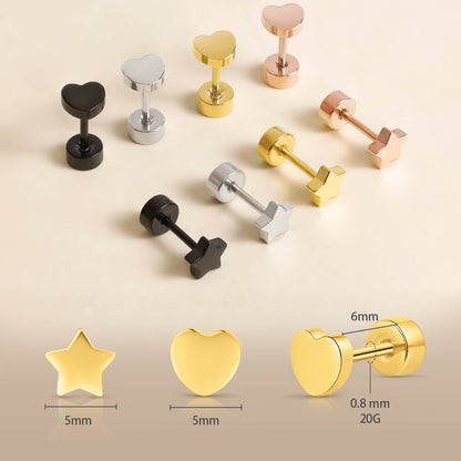 Limerencia Titan-Flachverschluss-Ohrstecker, hypoallergene Herz-/Stern-Schraubverschluss-Ohrstecker für Damen und Herren, klassische 5mm Schlafohrstecker für Knorpel und Ohrläppchen