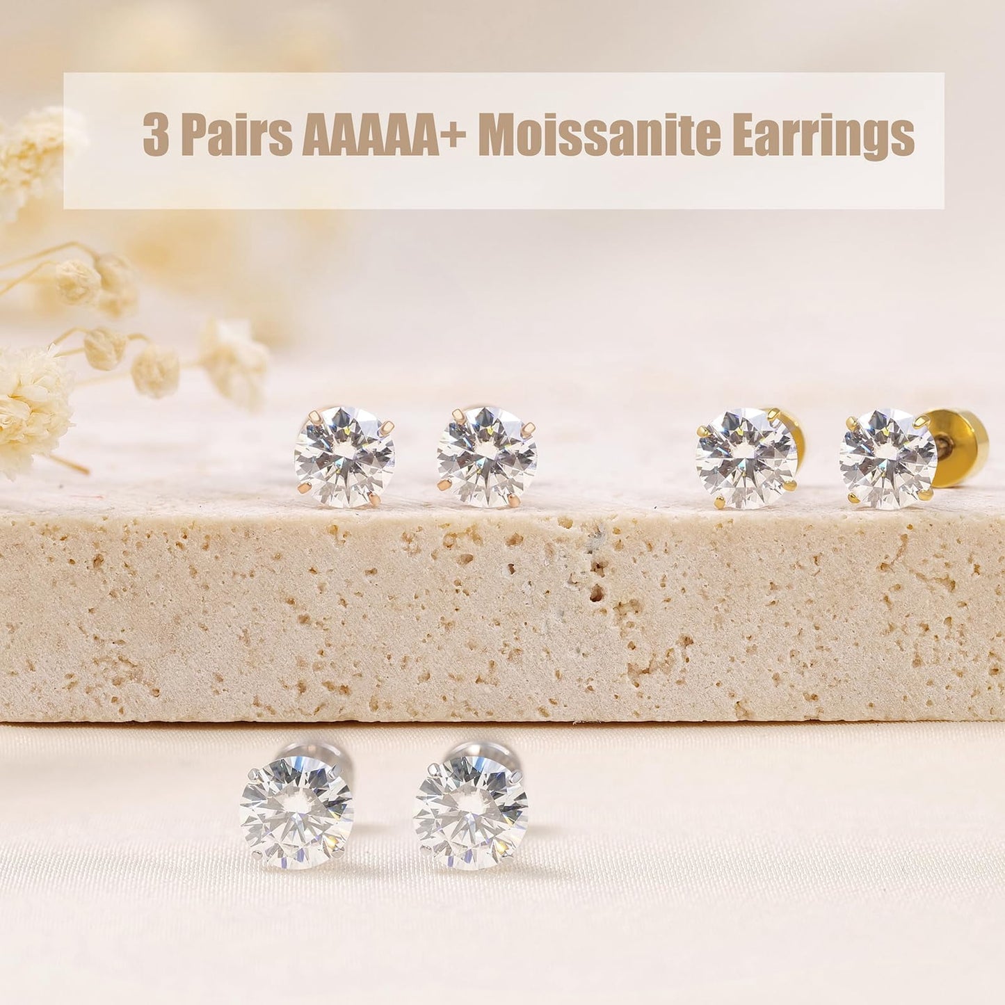 Moissanite Earrings Studs，F136 Pure Titanium Hypoallergenic | 3 Pairs, Titanium Screw Back Moissanite Stud Earrings for Women Men Trendy