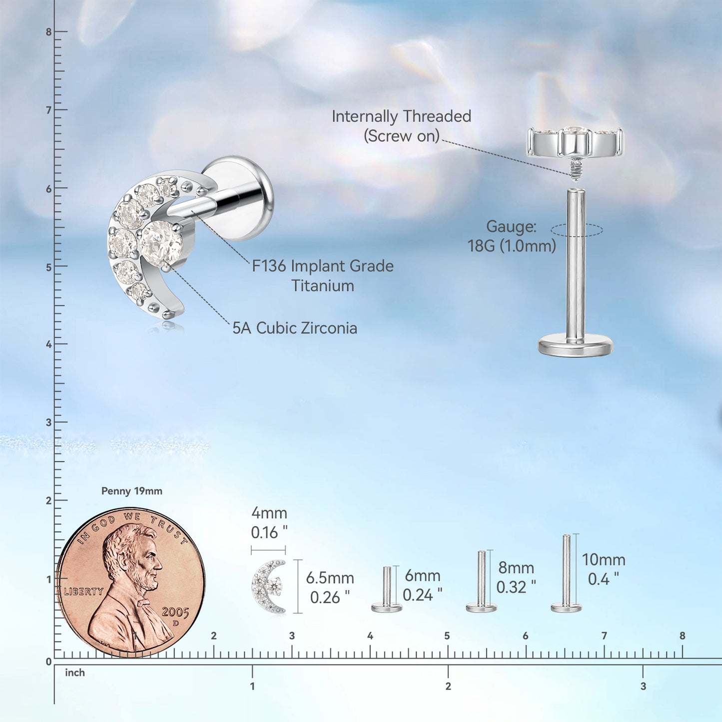 limerencia F136 Titanium Hypoallergenic Piercing Jewelry 18G 6mm 8mm 10mm For Tragus,Helix,Conch,Cartilage,Lip,Implant Grade Flat Back Internally Threaded Stud Earrings (Moon 1pc)