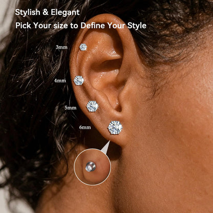 Thread Flat Back Stud Earrings,Titanium Hypoallergenic Earrings for Women Men, F136 6 Prong  Cubic Zirconia Silver Stud Earrings,3mm