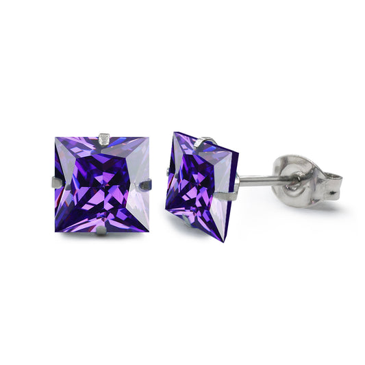 Titanium earrings, hypoallergenic earrings, pure titanium medical implant grade, suitable for sensitive ears with birthstone crystals CZ simulated diamonds (Purple)