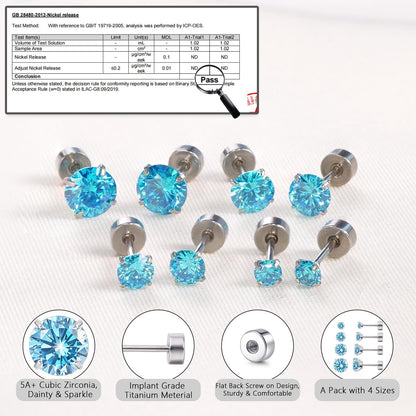 Limerencia Titanium Earrings for Sensitive Ears, 4 Pairs of Screw Back Hypoallergenic&nbsp;Titanium Cubic Zirconia Stud Earrings for Women Men