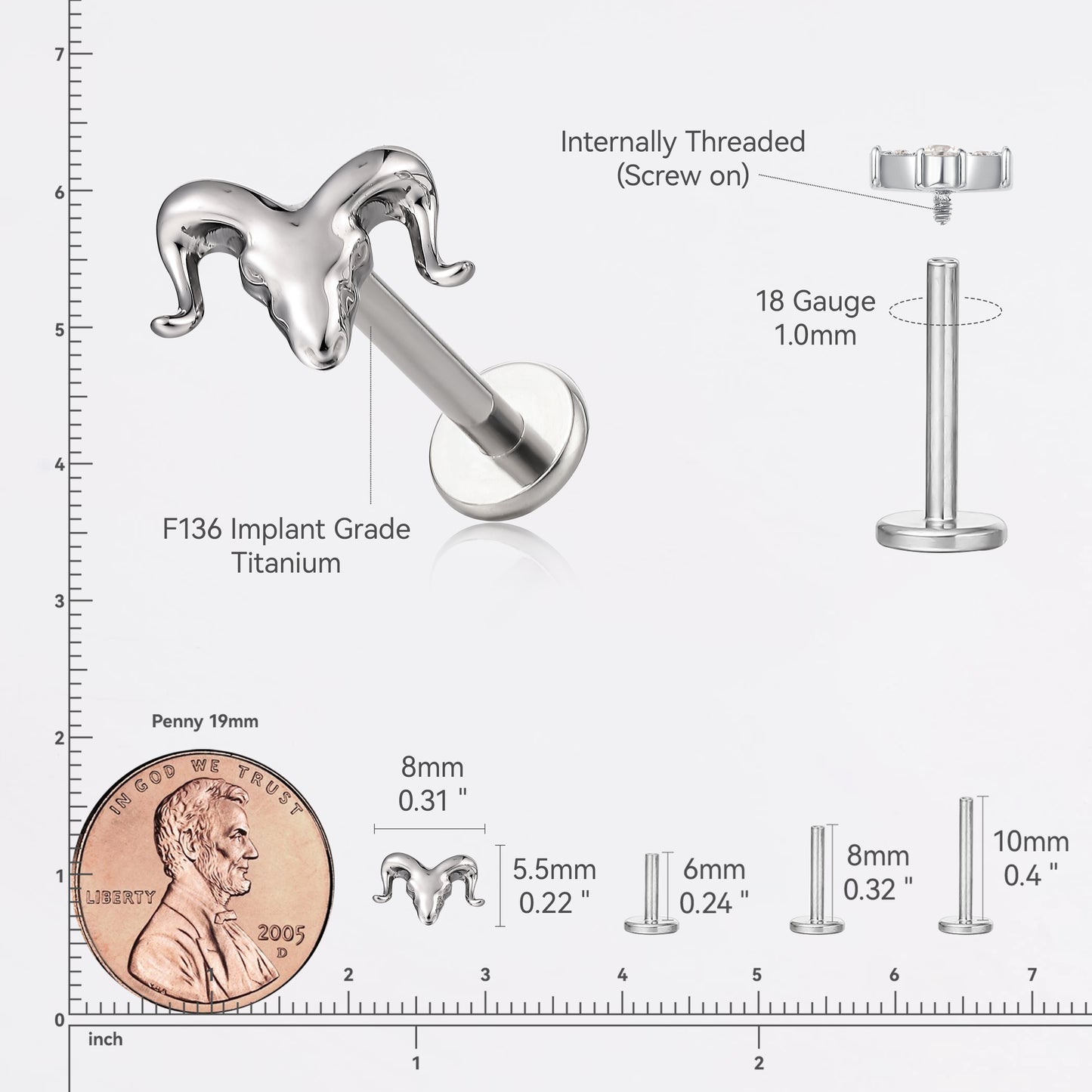 limerencia Hypoallergenic Titanium ASTM F136-18G 6mm 8mm 10mm Flat Back Internal Thread Stud Earring Piercing Jewelry for Tragus Helix Conch Cartilage Nose Lip(1pc) (Cow's head)