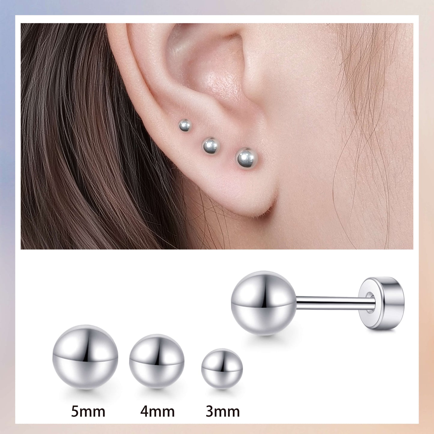 Limerencia Titan-Flachverschluss-Ohrstecker, hypoallergene Kugelohrstecker für empfindliche Ohren, schlichte klassische Flachstecker in 3 mm bis 5 mm, ideal für Helix, Tragus, Knorpel und Ohrläppchen