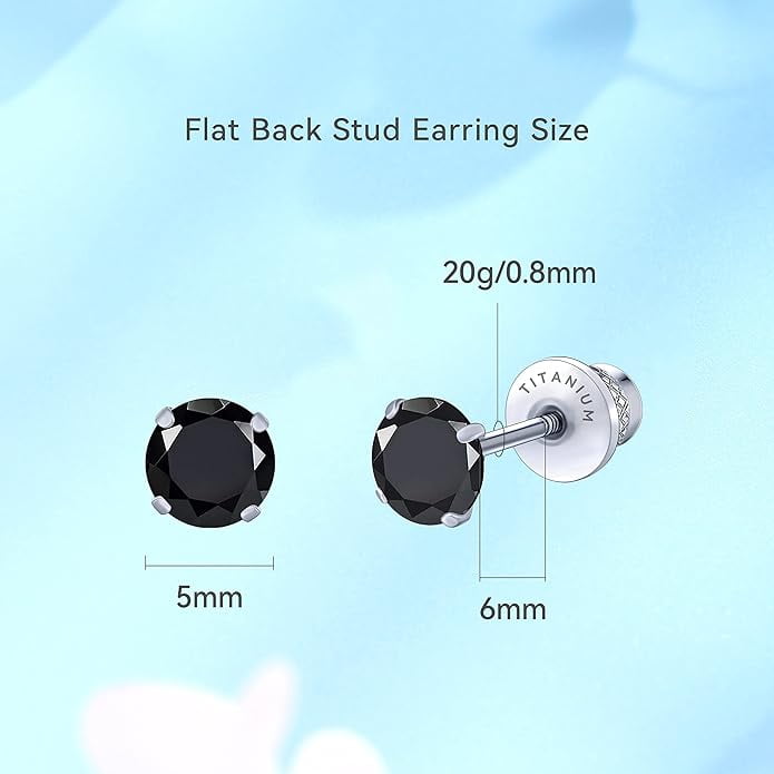 Limerencia Hypoallergenic G23 Pure Titanium Screw Back Earrings Post for Sensitive Ears Simulated Diamond Cartilage (5mm, Black CZ)