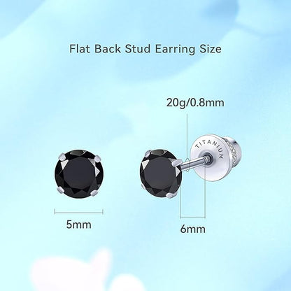 Limerencia Hypoallergenic G23 Pure Titanium Screw Back Earrings Post for Sensitive Ears Simulated Diamond Cartilage (5mm, Black CZ)