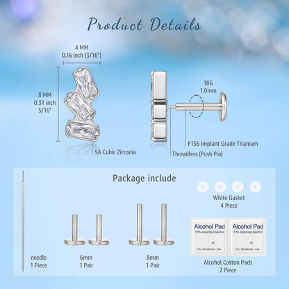 18G Flat Back Earrings Stud F136 Titanium Threadless Tragus Labret Cartilage Lip Body Piercing Jewelry Hypoallergenic for Women Men