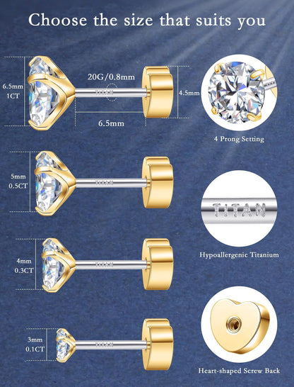 Limerencia F136 Hypoallergenic Flat Back Earrings for Women Men,Moissanite Stud Earrings, Surgical Steel Cartilage Earrings for Sensitive Ears
