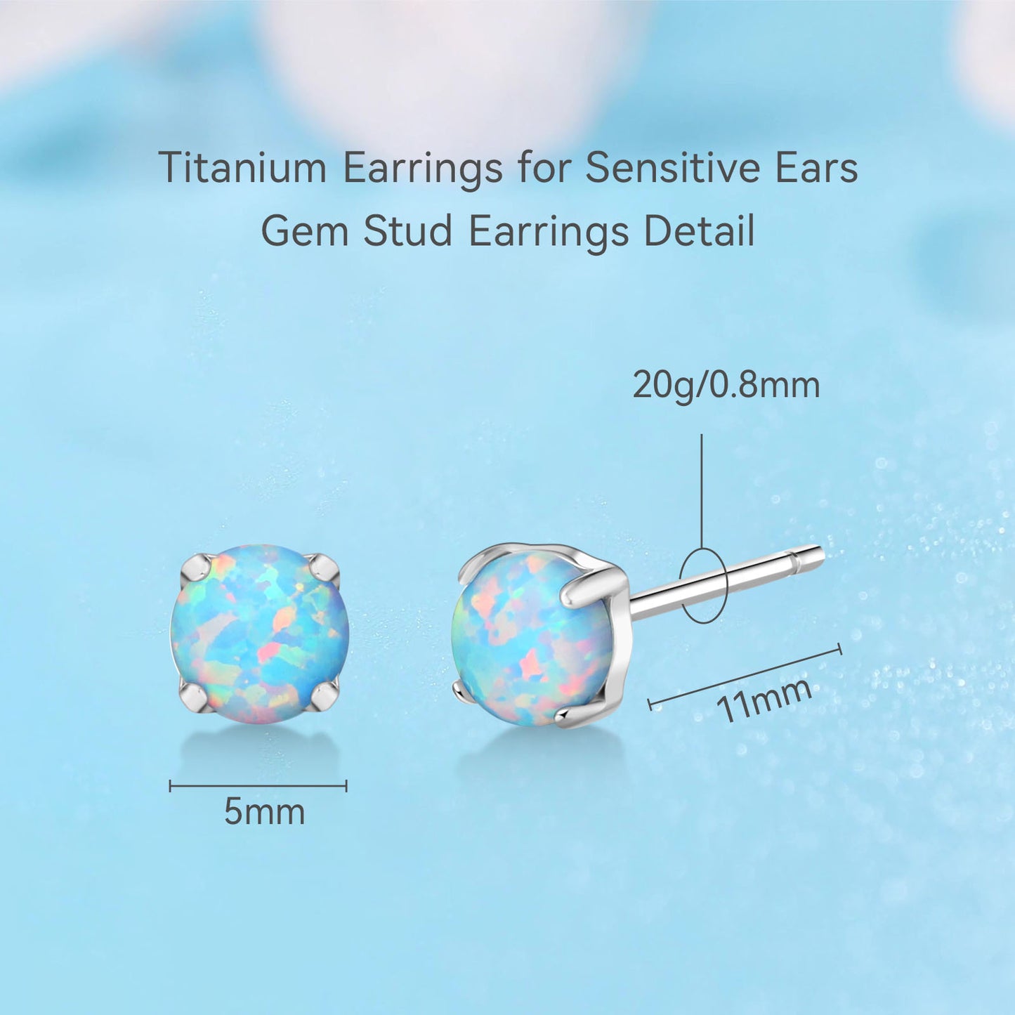 Limerencia G23 Hypoallergenic Pure Titanium Earrings, Opal/Moonstone/Cat's Eye/Blue Turquoise Stud Earrings, F136 Implant Grade|Delicate Jewelry for Sensitive Ears (5mm, Light Blue)