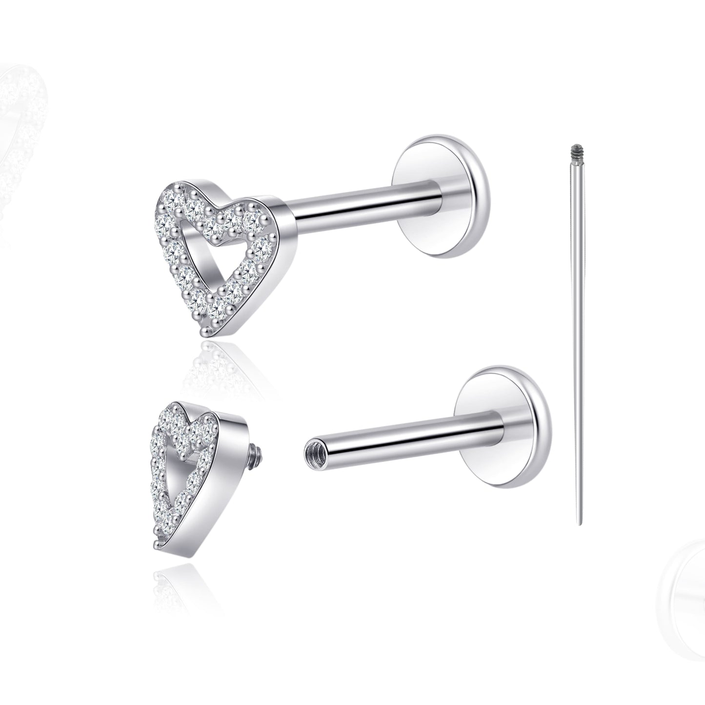 Piercing corporal titanio Limerencia calibre 18G, 2 unidades de clavos hipoalergénicos rosca interna respaldo plano para trago, nariz, hélice, concha, labio y labret, piercing cartílago unisex, diseño corazón pequeño