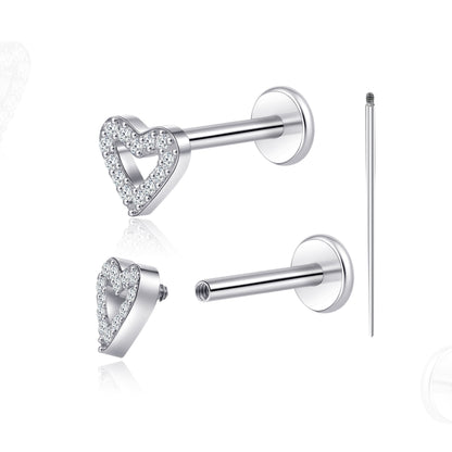 Piercing corporal titanio Limerencia calibre 18G, 2 unidades de clavos hipoalergénicos rosca interna respaldo plano para trago, nariz, hélice, concha, labio y labret, piercing cartílago unisex, diseño corazón pequeño