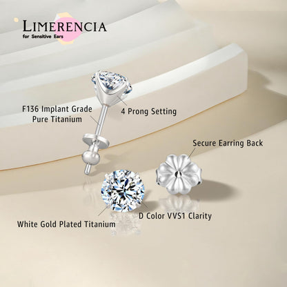 Limerencia Moissanite Stud Earrings for Women and Men，F136 Titanium Screw Back Earrings, Hypoallergenic Earrings for&nbsp;Daily Wear,Silver 4mm