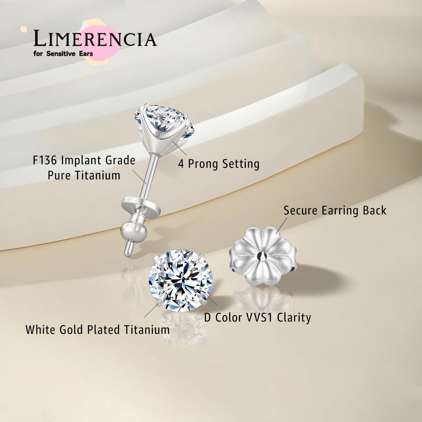 Limerencia Moissanite Stud Earrings for Women and Men，F136 Titanium Screw Back Earrings, Hypoallergenic Earrings for&nbsp;Daily Wear,Silver 6mm