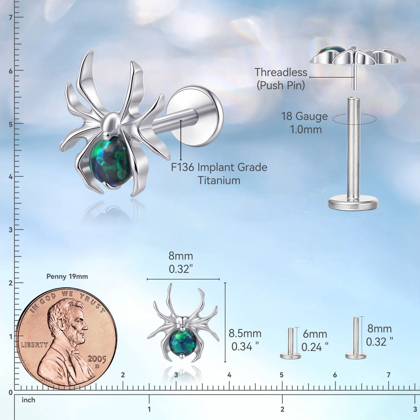 Limerencia 20G hypoallergene Flachboden-Push-Pin-Stecker, titanener Piercingschmuck für Conch, Nase, Helix und Tragus, implantatgeeigneter gewindefreier Druckverschluss-Stecker für Damen und Herren (1 Stück)/Spinnenaufsatz