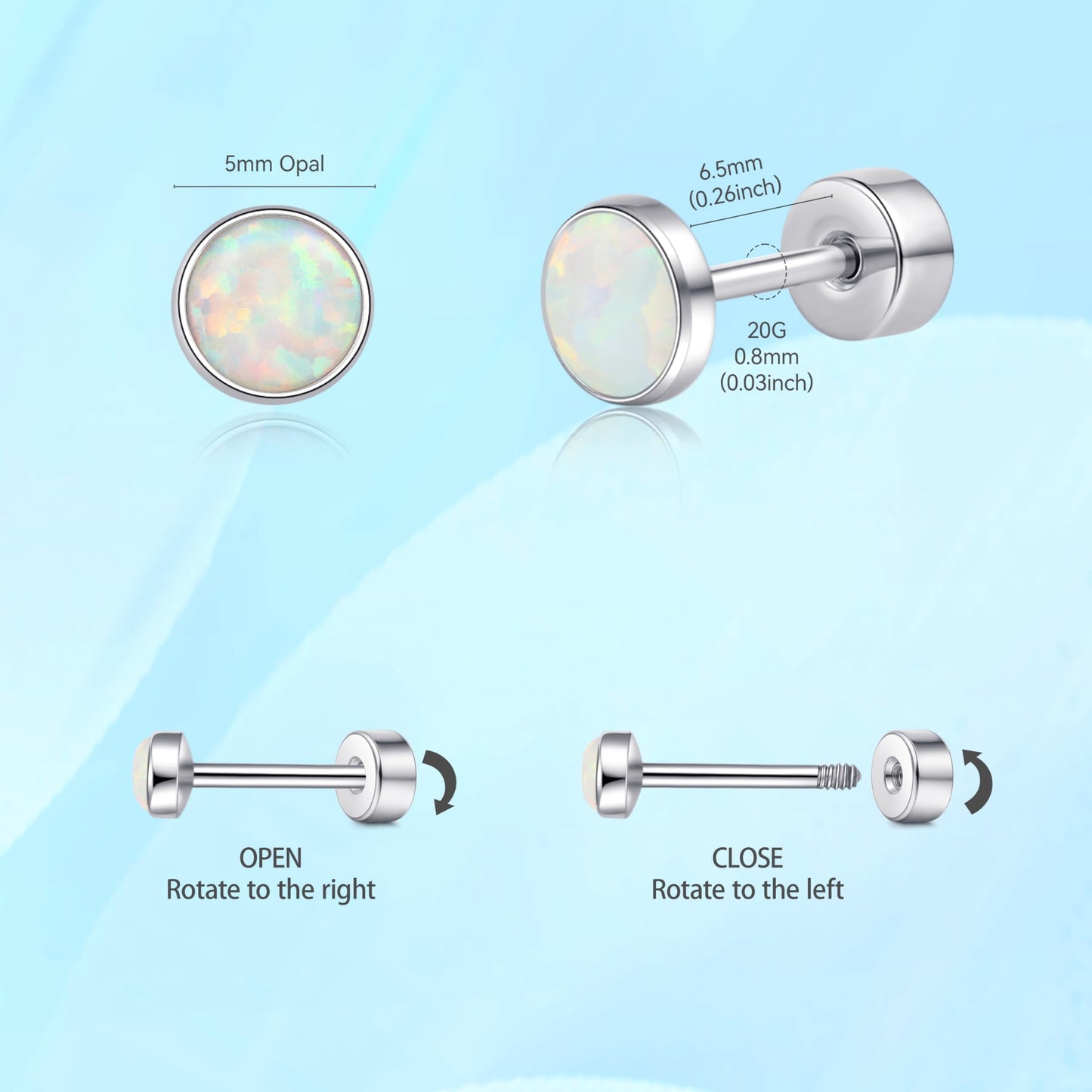 Limerencia Titanium Flat Back Stud Earrings for Women Men, F136 Cartilage Studs | Hypoallergenic Earrings, Helix Cartilage Earrings with White Opal，5mm