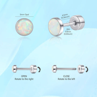 Limerencia Titanium Flat Back Stud Earrings for Women Men, F136 Cartilage Studs | Hypoallergenic Earrings, Helix Cartilage Earrings with White Opal，5mm