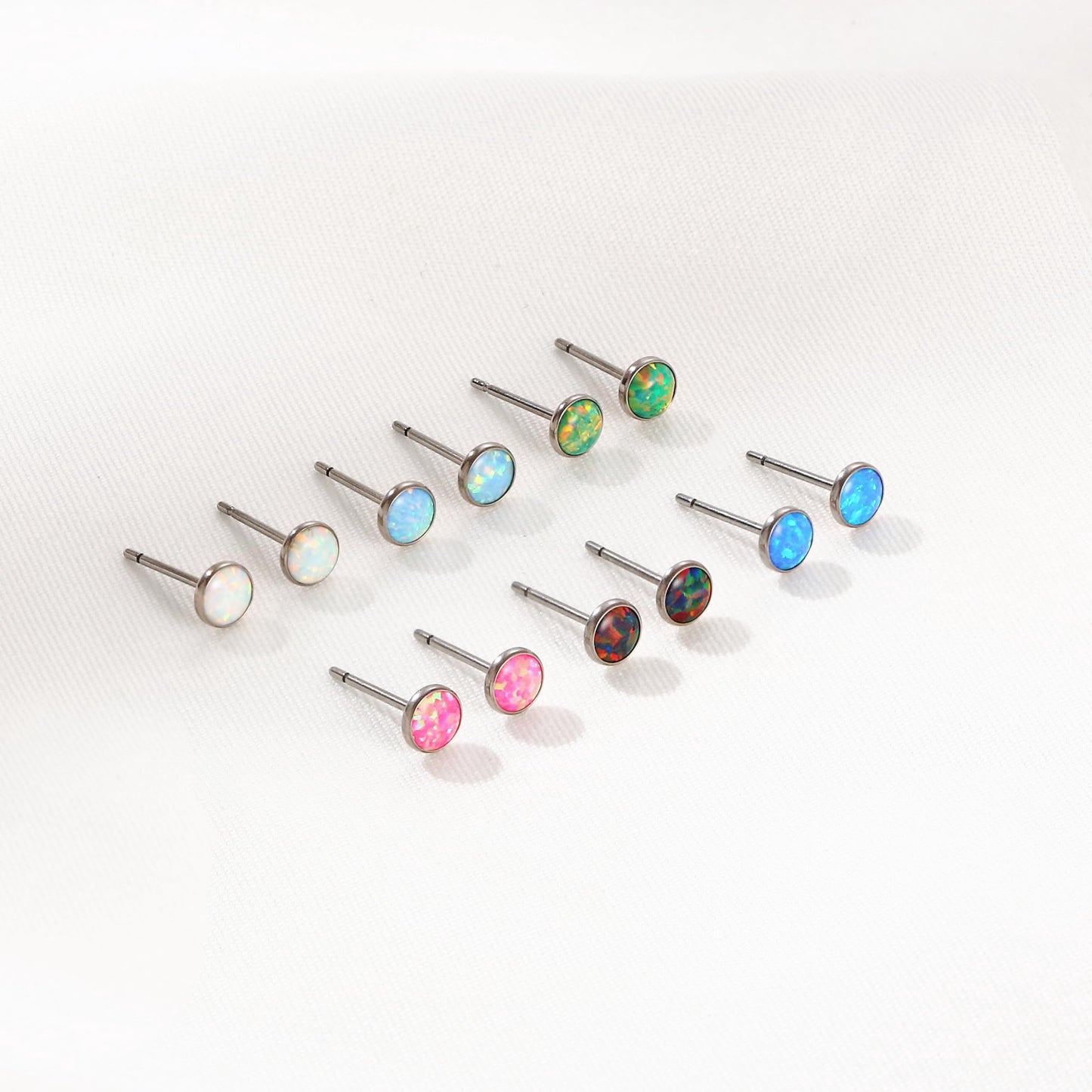 Limerencia Titanium Hypoallergenic Earrings， Opal Stud Earrings for Sensitive Ears Delicate Jewelry，White Opal 5mm