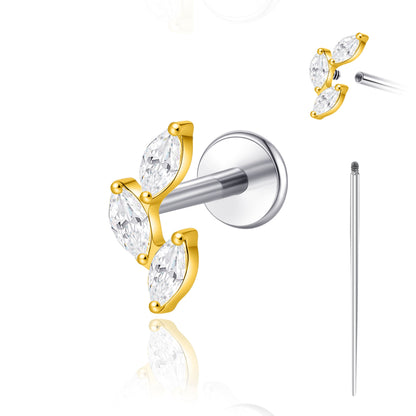 limerencia 18G Titanium Body Piercing Jewelry, Internally Threaded Flat Back Earring Tragus Helix Cartilage Conch Medusa Stud Earring for Women Men 1PC/Oblique three leaf
