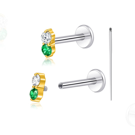 Bijou piercing corps titane Limerencia 18G, 2 clous hypoallergènes dos plat à filetage interne pour tragus, nez, hélix, conque, lèvre et labret, piercing cartilage mixte, serti zircon blanc et vert