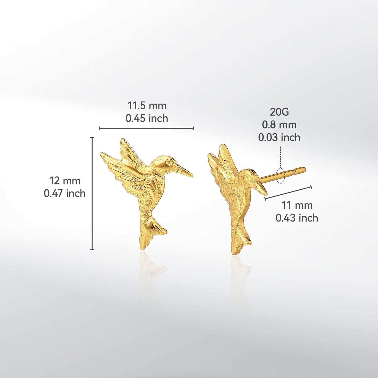 Orecchini a bottone colibrì volante in titanio puro G23 ipoallergenico Limerencia da donna, simpatico stile animale, perno in titanio F136 grado impiantabile, gioiello piercing delicato e regalo raffinato (finitura argento)