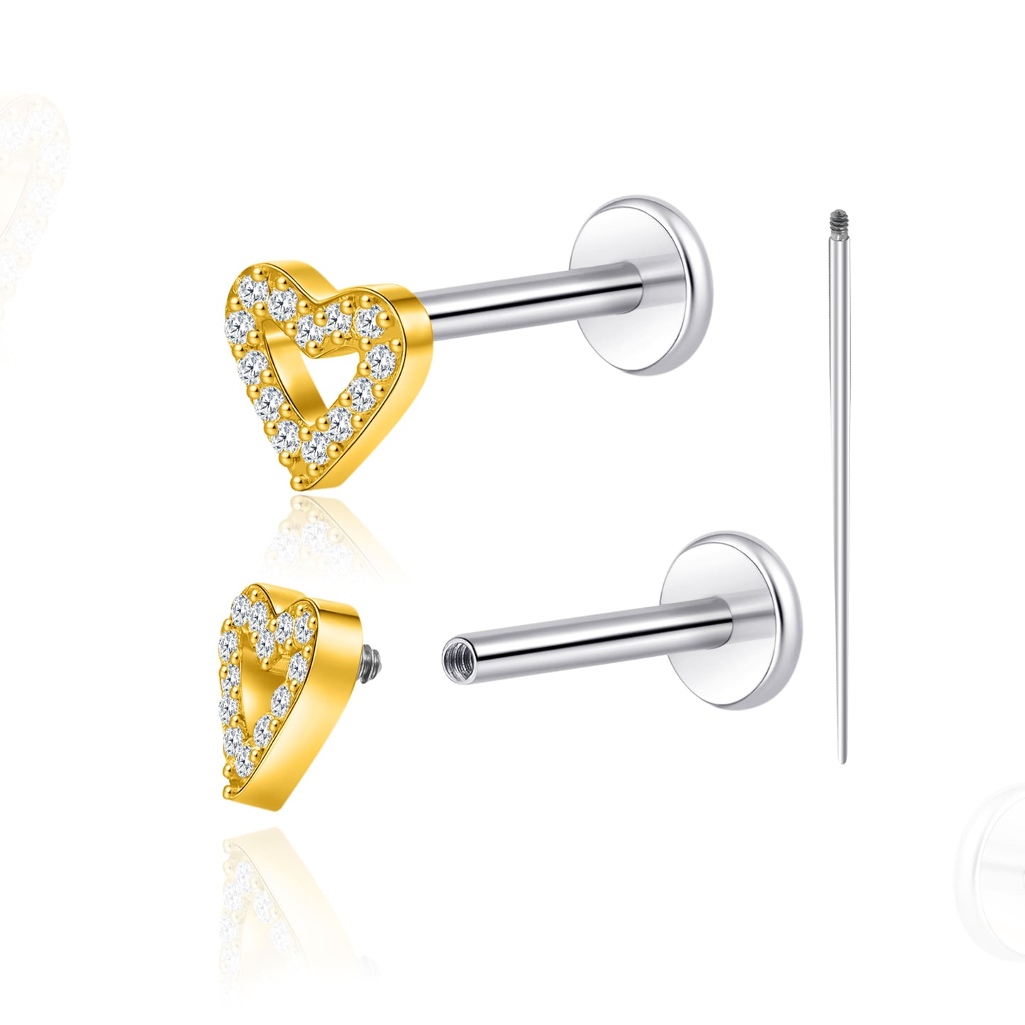 Piercing corporal titanio Limerencia calibre 18G, 2 unidades de clavos hipoalergénicos rosca interna respaldo plano para trago, nariz, hélice, concha, labio y labret, piercing cartílago unisex, diseño corazón pequeño