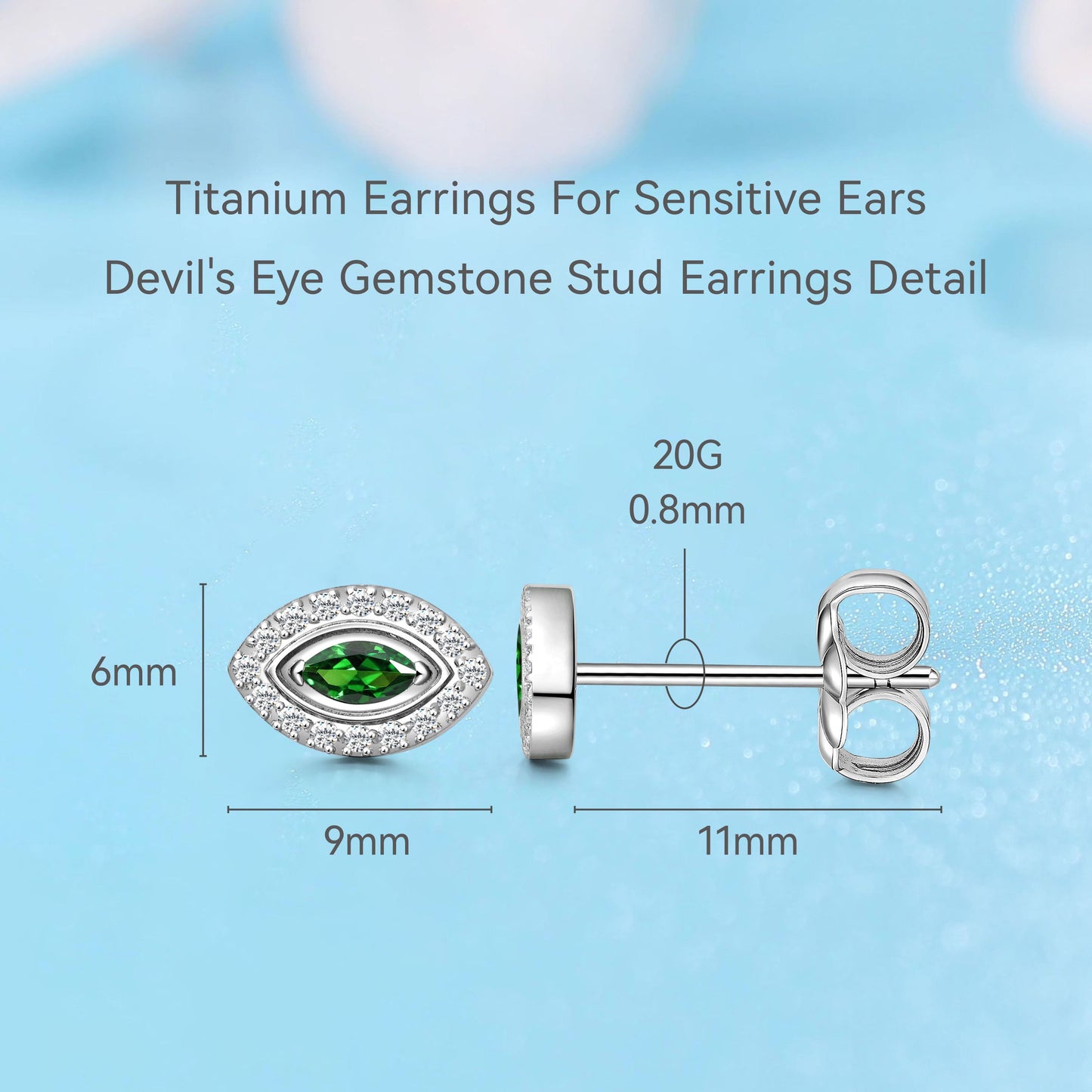 Orecchini Limerencia in titanio puro F136 ipoallergenico, perni helix occhio malocchio con zirconi in titanio medicale G23, stile minimalista adatti ad orecchie sensibili femminili (Verde Argento)