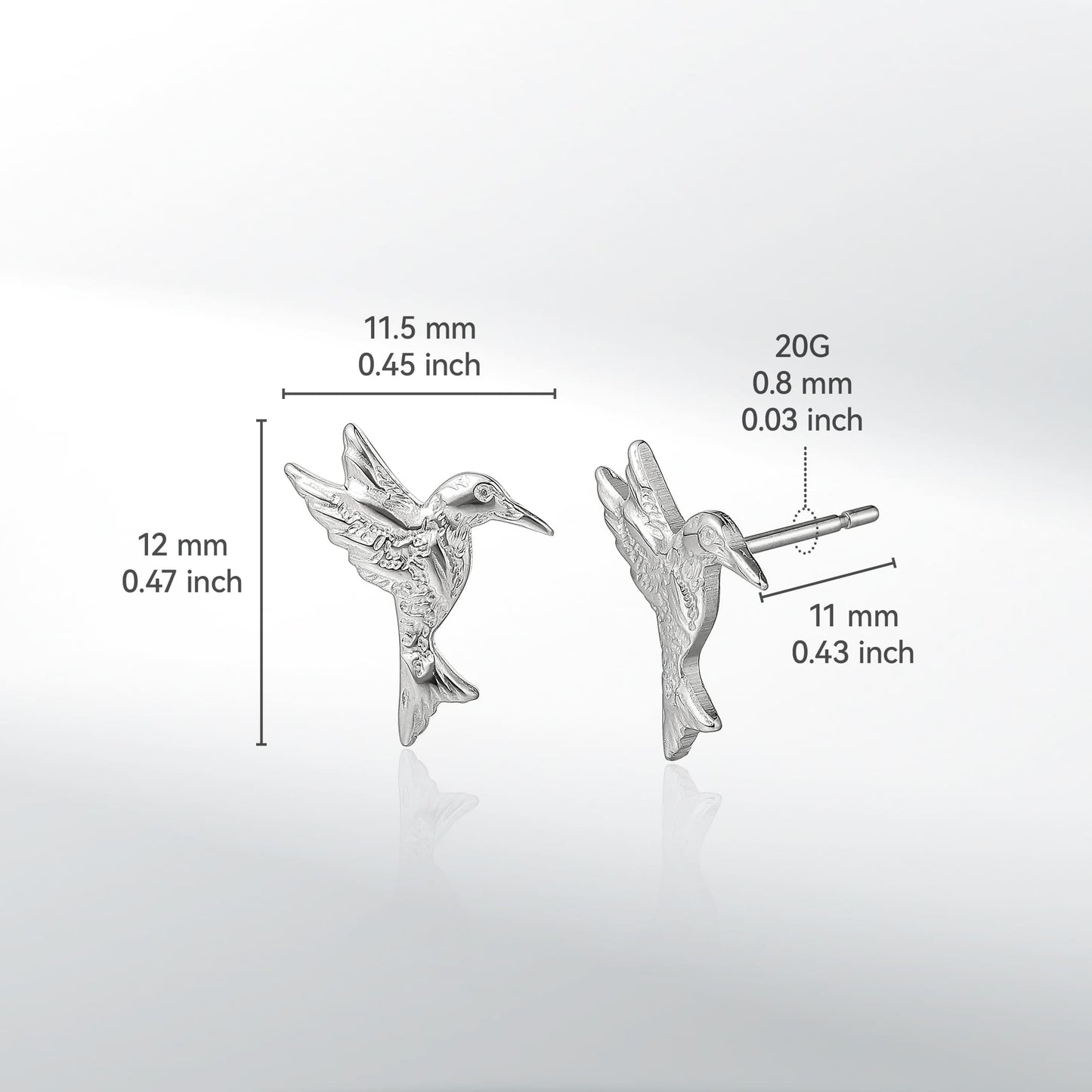 Orecchini a bottone colibrì volante in titanio puro G23 ipoallergenico Limerencia da donna, simpatico stile animale, perno in titanio F136 grado impiantabile, gioiello piercing delicato e regalo raffinato (finitura argento)