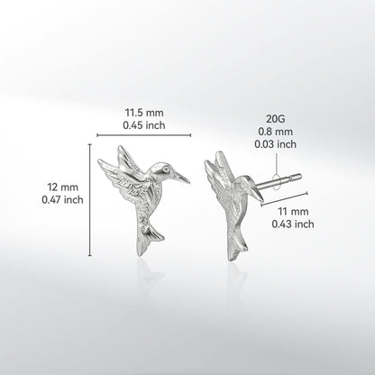 Orecchini a bottone colibrì volante in titanio puro G23 ipoallergenico Limerencia da donna, simpatico stile animale, perno in titanio F136 grado impiantabile, gioiello piercing delicato e regalo raffinato (finitura argento)