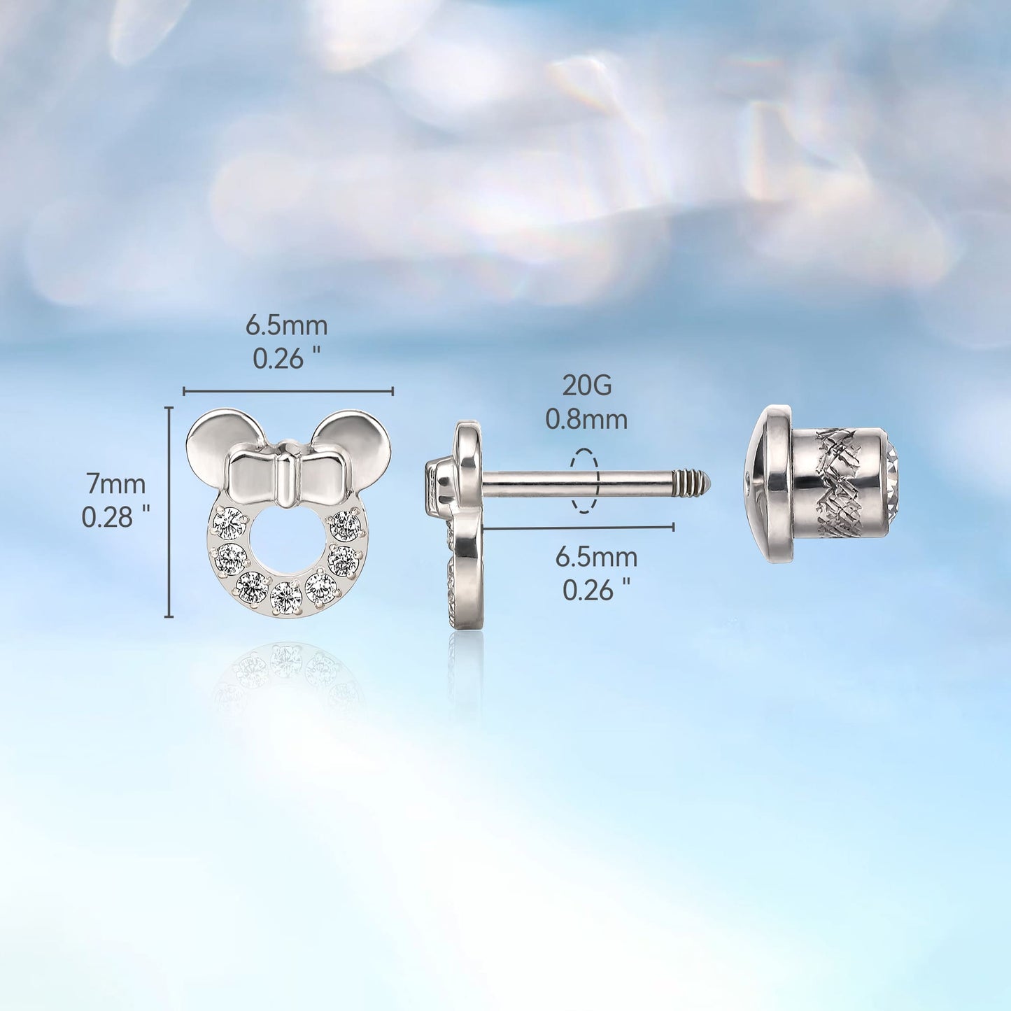 Limerencia Pendientes Hipoalergénicos de Titanio G23 de Grado Implante con Cierre de Rosca Tragus 20G Helix Poste de Piercing F136 para Orejas Sensibles Cartílago (minnie mouse)