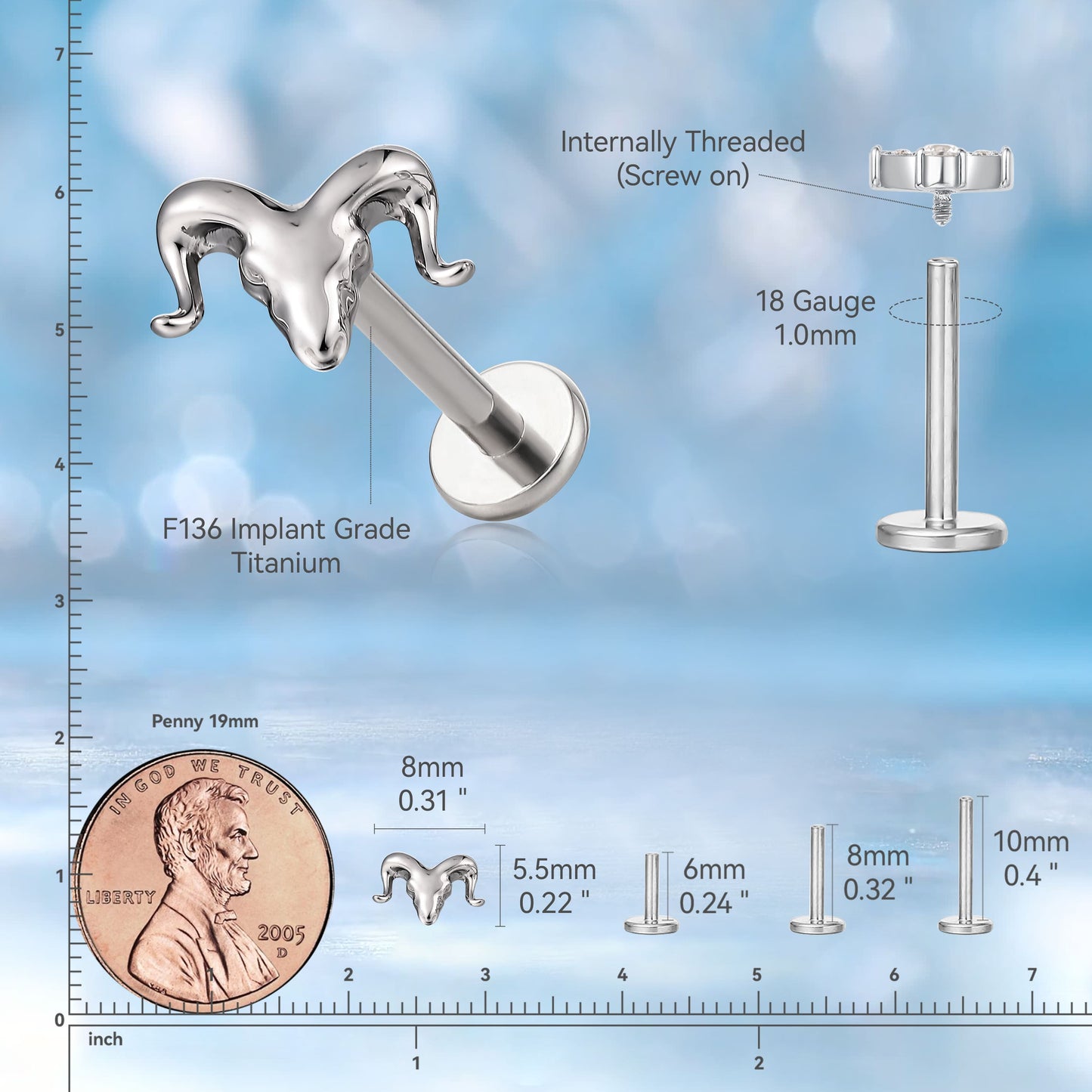 Gioiello piercing in titanio ipoallergenico ASTM F136 Limerencia, borchia filettata interna fondo piatto 18G 6mm 8mm 10mm, adatto per trago, elica, conca, cartilagine, naso e labbra (1 pezzo) (Testa di toro)