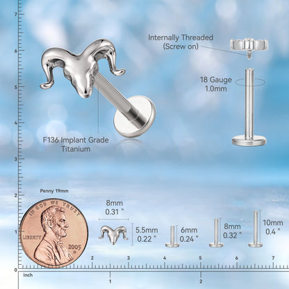 Gioiello piercing in titanio ipoallergenico ASTM F136 Limerencia, borchia filettata interna fondo piatto 18G 6mm 8mm 10mm, adatto per trago, elica, conca, cartilagine, naso e labbra (1 pezzo) (Testa di toro)
