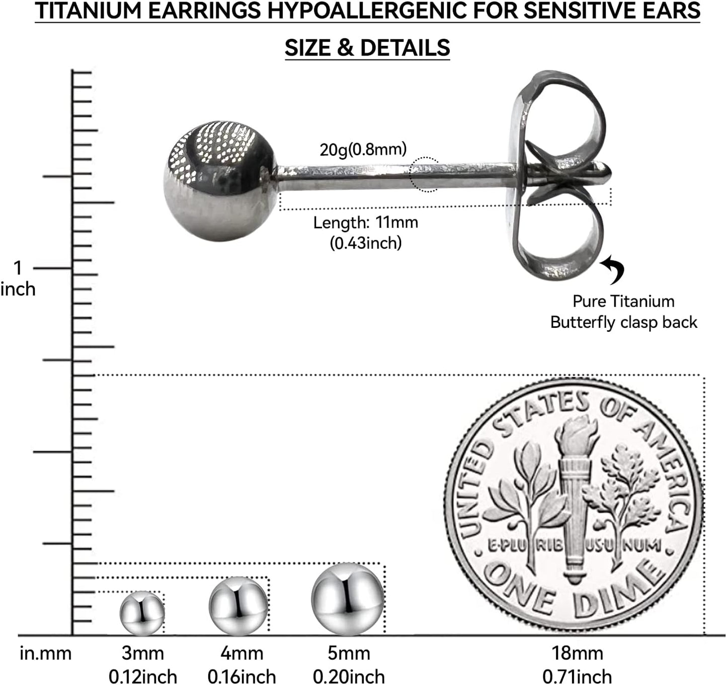 Pendientes de titanio G23, hipoalergénicos para mujeres, niñas, hombres, orejas sensibles, bola, pulido premium con parte trasera de titanio puro.